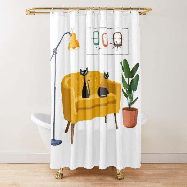 Mid Century Meow Shower Curtain Retro Atomic Cats Shower Curtain Kitty Animal Vintage Bathroom Decor Fabric Curtain With Hooks