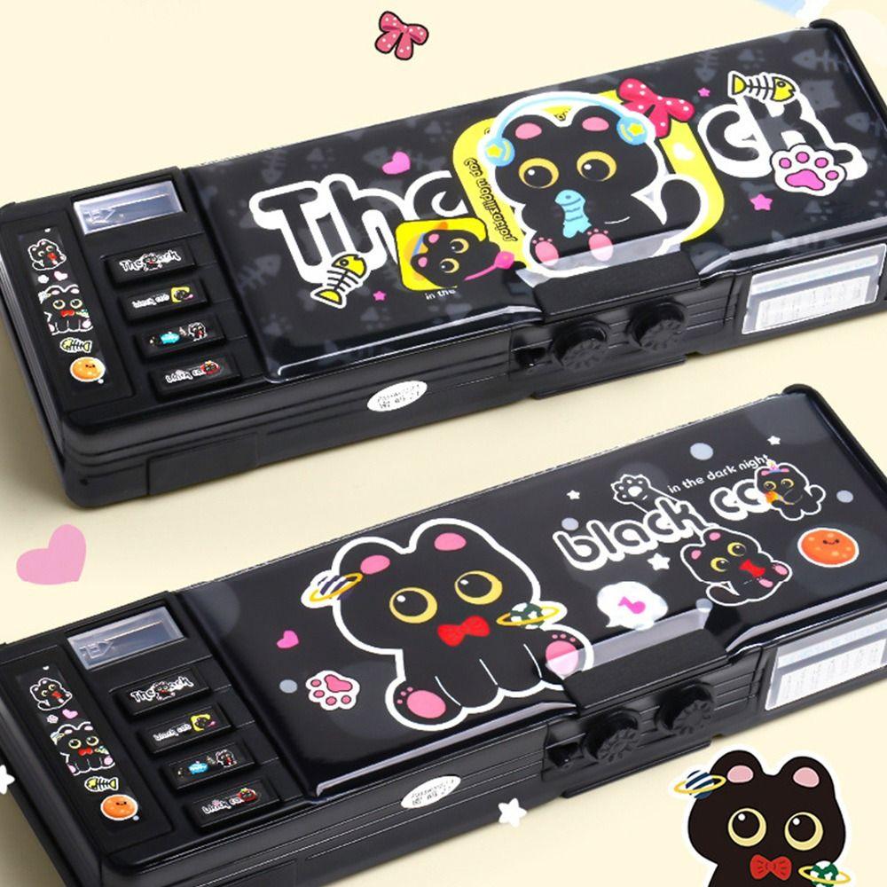 Dual Password Pencil Case Multi-functional Double Sides Stationery Box Large Capacity Black Kitten Pencil Box School Supplies