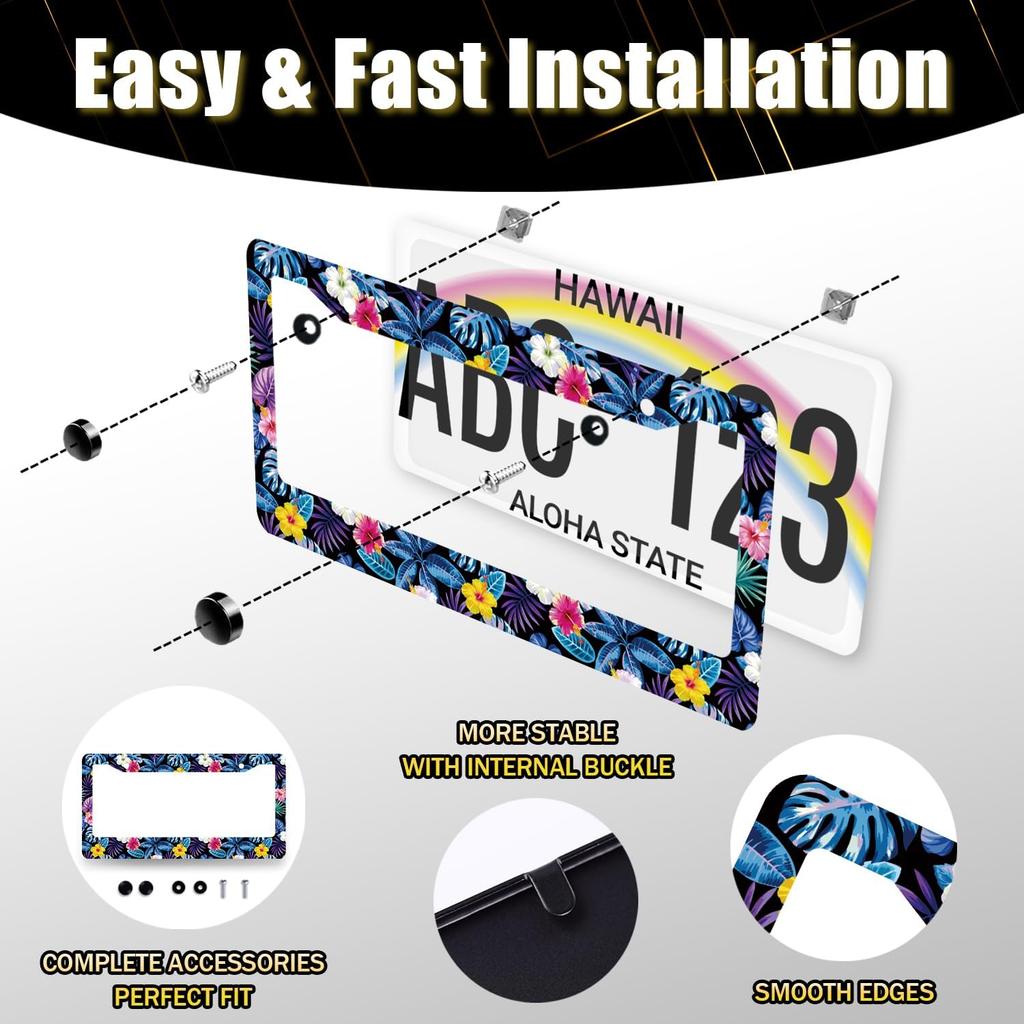 Hibiscus License Plate Frame Beautiful Tropical Flowers Floral License Plate Holder Colorful Stainless Steel Auto Parts Funny License Plate
