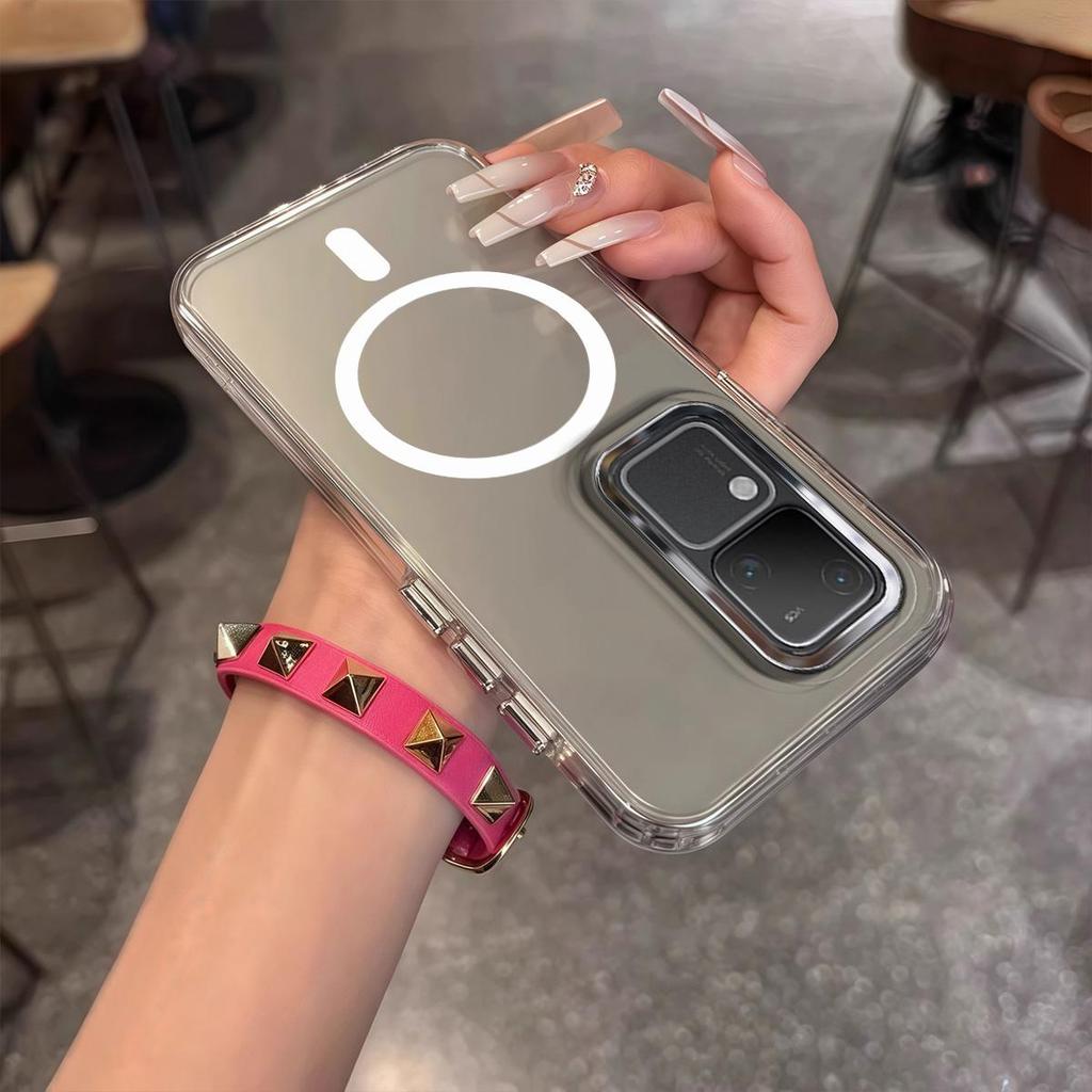 Case for Vivo V30 Pro,V30 Minimal Semi-Transparent Magnetic Casing Raised Electroplated Lens Bezel Anti-Slip Drop Resistant Protective Shell