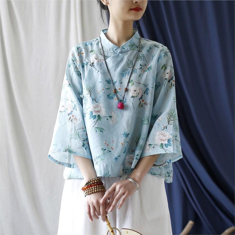 Johnature Chinese Style Linen T-Shirt Spring Summer Women Vintage Loose Long Sleeve Print T-Shirt
