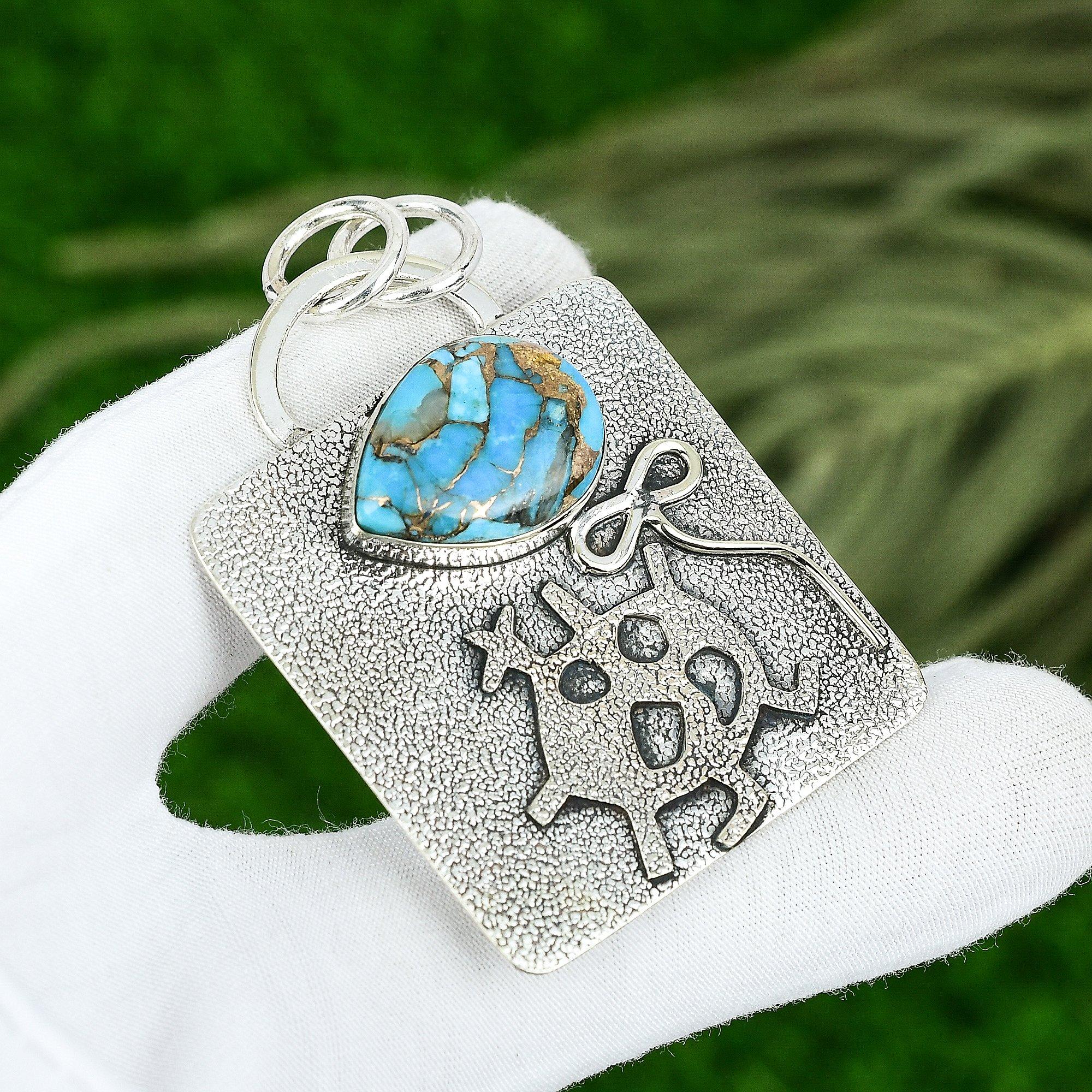 

Friendship Day Sale 925 Silver Natural Copper Blue Turquoise Bezel Wife Pendant