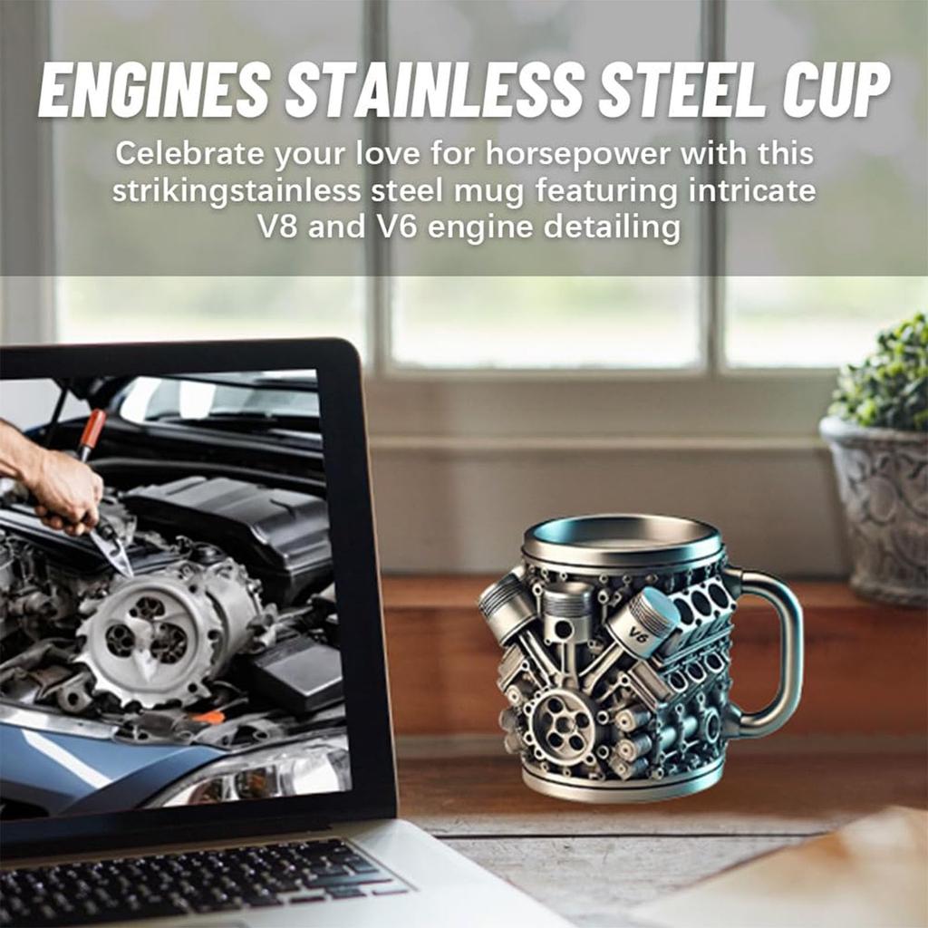 Stainless Steel Cup V8 & V6, V6 V8 Engines Design Mug, Durable & Stylish Rust-Proof 15oz Coffee Mug Perfect for Car Enthusiasts