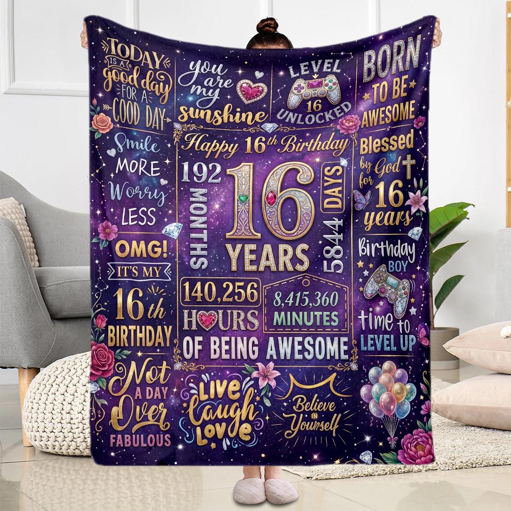Happy 16th Birthday Celebration Flannel Blanket-Soft and Suitable for Sofas,Beds,Offices,Travel,All Seasons,Great Gift for Holidays and Birthdays.