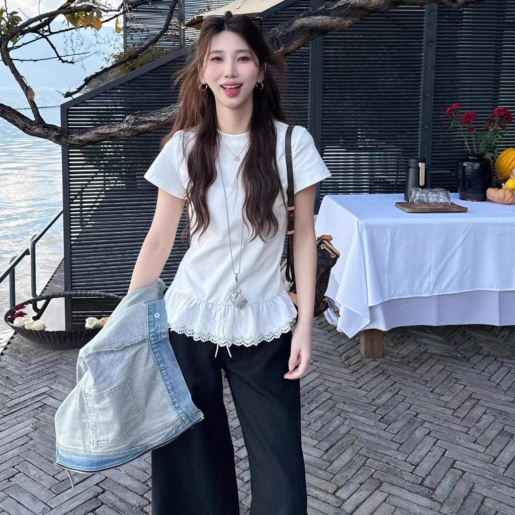 Latest splicing edge short-sleeved t-shirt women's summer design short front shoulder shirt student top