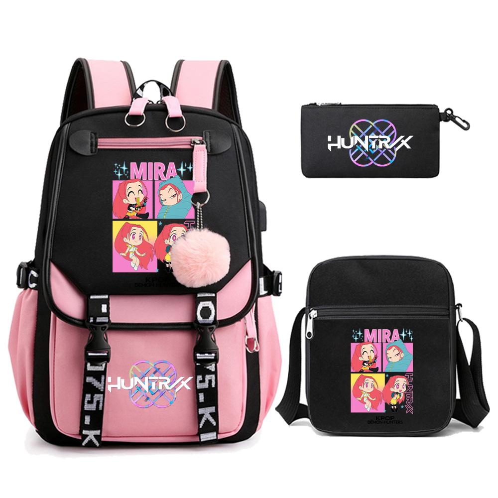 3Pcs/set Anime K-pop Demon Hunters Printed Backpack with Shoulder Bag for Teenager Student Girl Boy Bookbag Large Capacity Travel Bag Kid Gift