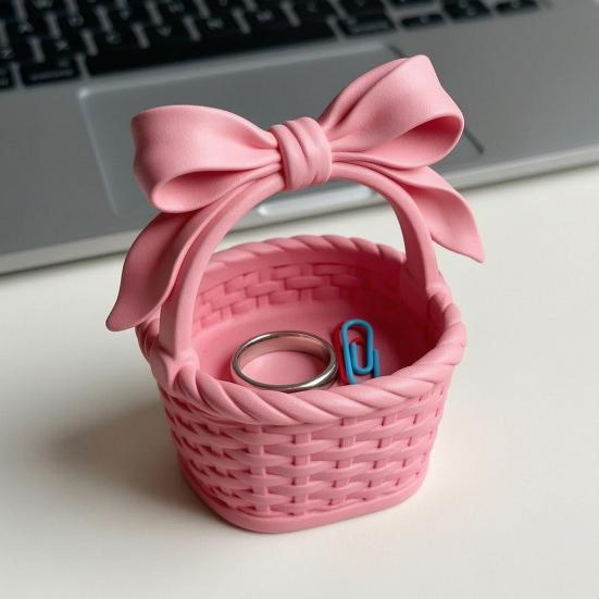 Mini Woven Basket with Handle Small Storage Basket with Bow Resin Desk Organizer for Dollhouse Accessory Home Decoration