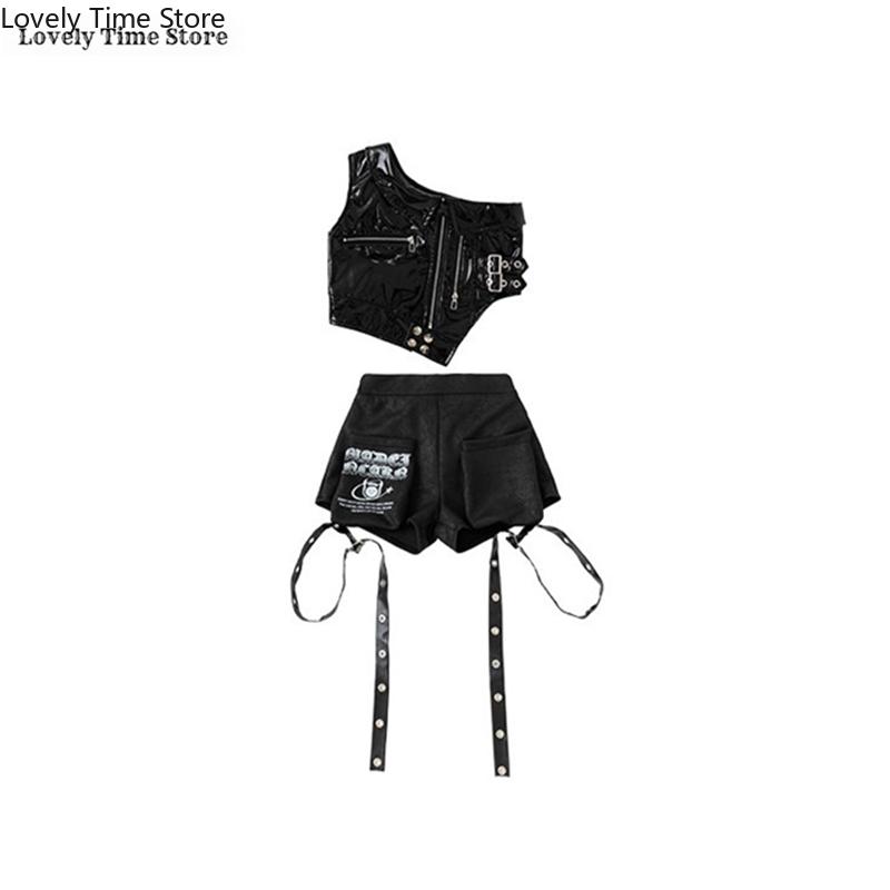 Meisjes Hip Hop Glanzende Crop Top Broek Kinderen K-pop Jazz Shorts Dans Culottes Kleding Sets Kinderen Streetwear Meisjesgroep Kostuum 180 black