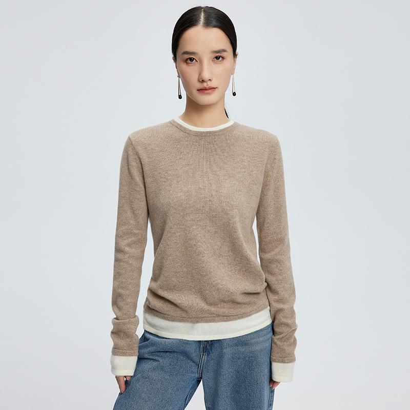 Women's Cashmere Knitwear Round Neck Two-Piece Color Block Slimming Pullover Sweater
