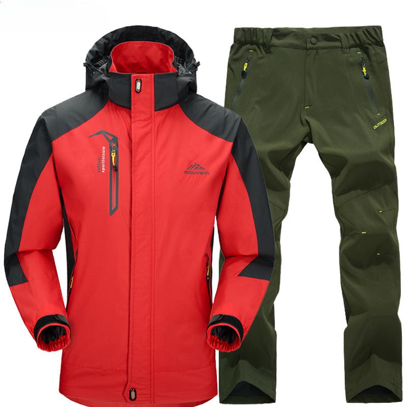 Outdoor Hiking Jacket and Pants Sets Men Autumn Waterproof Windproof Hooded Jackets Trip Mountain Camping Clothes