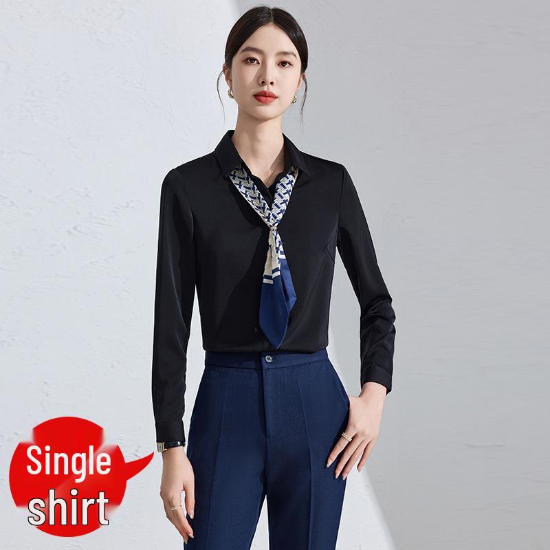 Women's Black Professional Shirt with Hidden Placket - Spring/Autumn Style