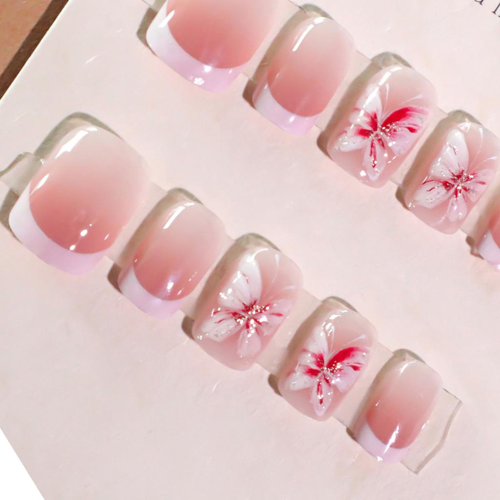 24 Pcs French Tip Press On Nail Short Square False Nail 3D Flowers Acrylic Nail Glossy Full Cover Stick On Nail