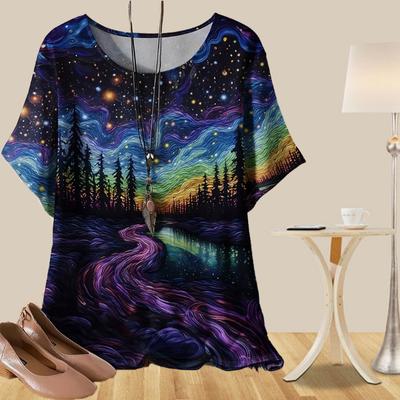 Women's Casual Loose Spring Shirt Women's Short Sleeve Dreamy Deep Forest Printed Tops