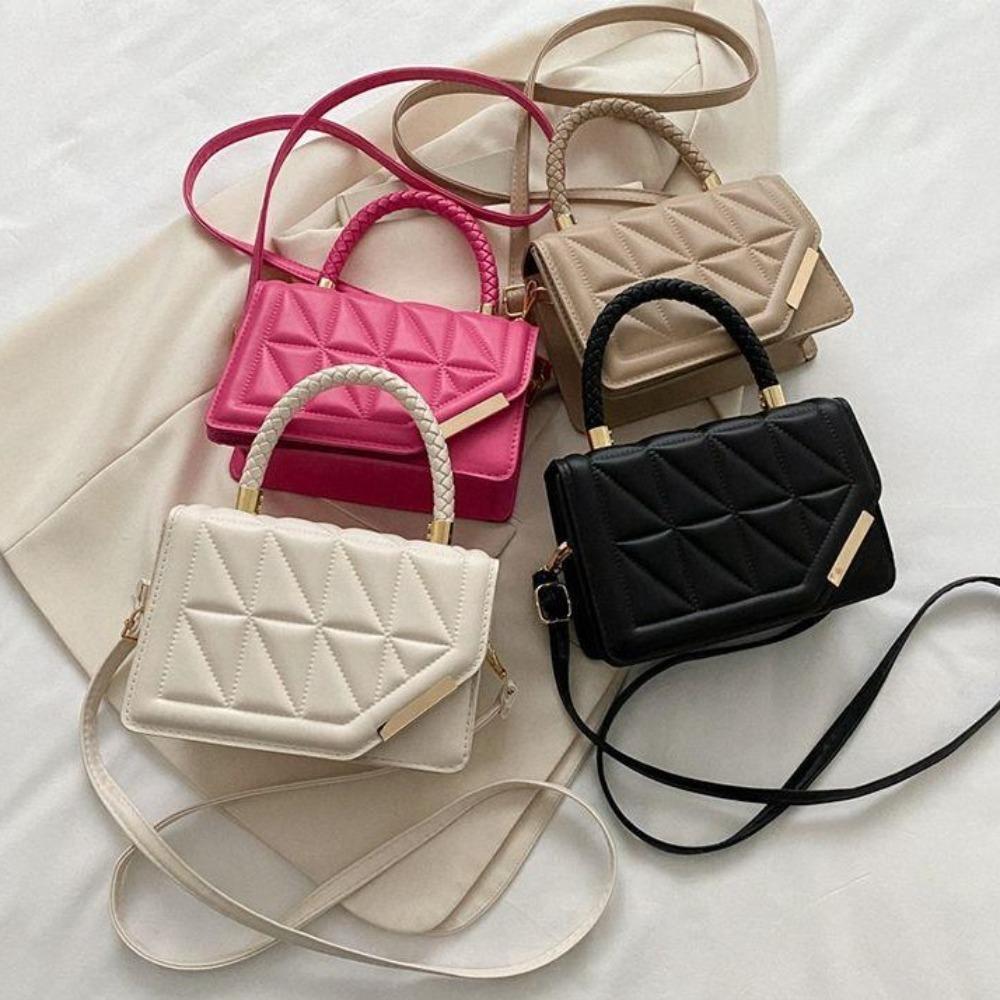 

Solid Color Plaid Leather Square Handbags PU Leather Crossbody Sling Bag Winter