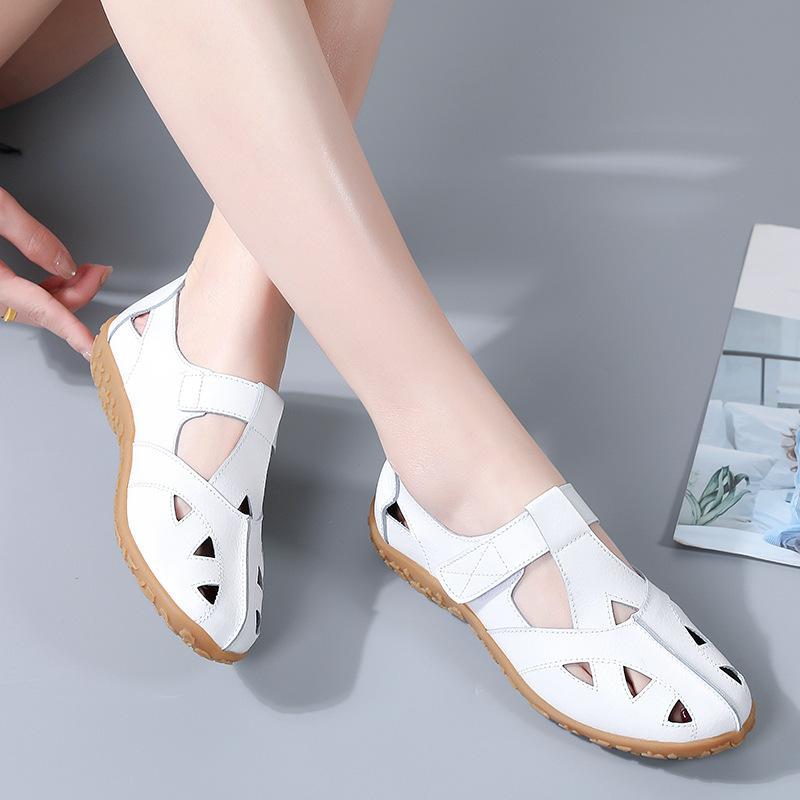 Summer women's sandals hollow hole shoes leather beanie shoes casual mother shoes women's single shoes nurse little white shoes