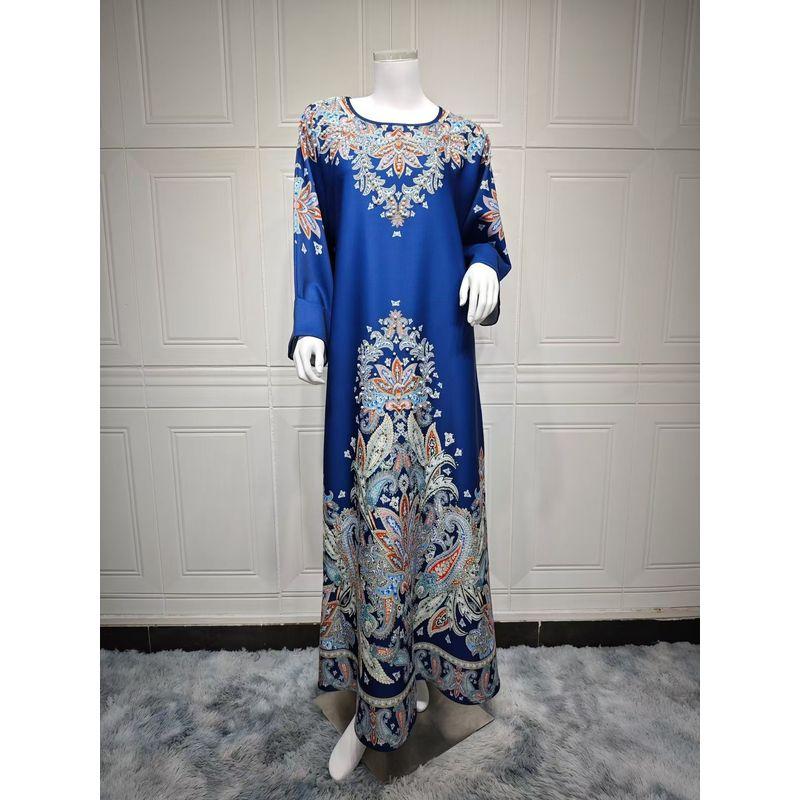 

Middle East Fashion Printed Rhinestones Women s Dress Robe Printed Diamond Studded Dress Dark blue L