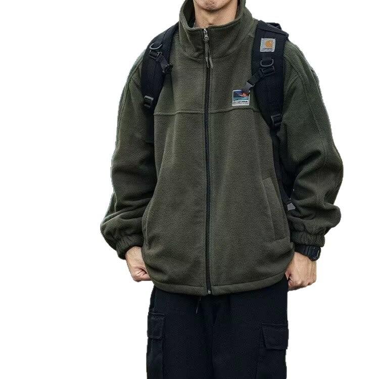 Men's Japanese Stand Collar Fleece Jacket - Double-Sided Warm Cardigan Hoodie for Autumn/Winter