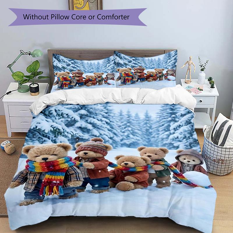 3pcs Winter Wonderland Teddy Bear Bedding Set - Includes One Quilt Cover and Two Pillowcases (No Core) - Festive Gift for Bedroom Decor - Po
