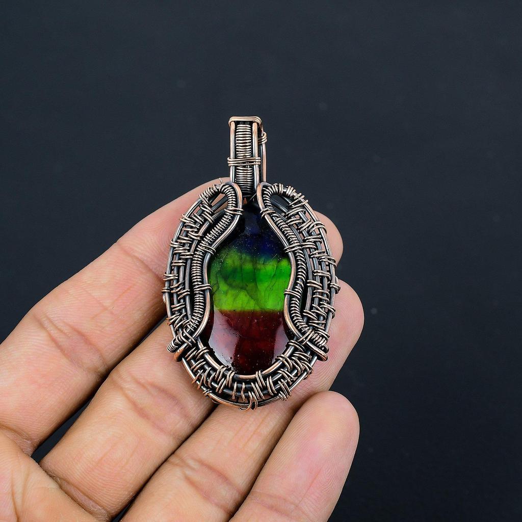 Tri Color Labradorite Pendant, Handmade Gemstone Pendant, 999 Copper Wire Wrapped Pendant Antique Jewelry, For Engagement Gift