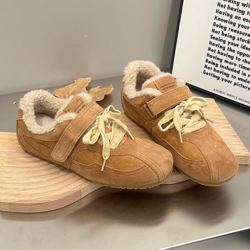 Fashion Winter New Flat Cotton Shoes Women's Fashion Round Head Splicing Suede Front Lacing Soft Sole Anti-slip Low-top Shoes