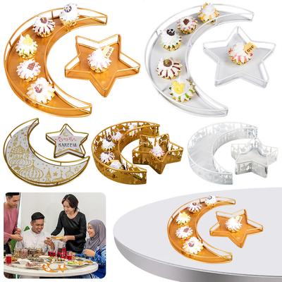 2 Stück Eid Mubarak Dekoration Tablett Ramadan Metall Servierschalen Halbmond Stern Lebensmittel Tablett Dessert Gebäck Präsentationsständer