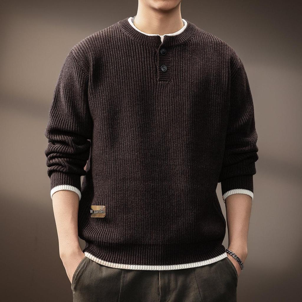 Men's Retro Two-Piece Look Color Block Ribbed Knit Sweater, Autumn Winter Casual Loose Henley Collar.