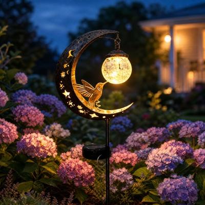 Hummingbird Moon Solar Light, Metal Crescent with Crackle Glass Ball Garden Stake, Solar Pathway Light for Yard Patio Lawn Outdoor