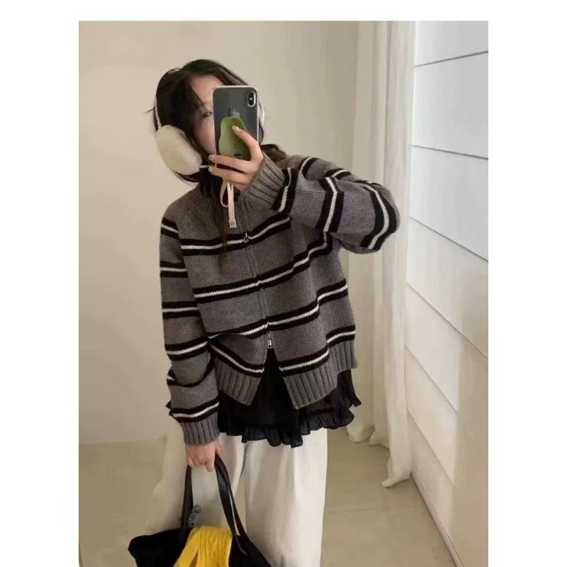 

Ленивый полосатый вязаный кардиган женский осенне-зимний новый свободный и тонкий универсальный джемпер-куртка на двойной молнии average size