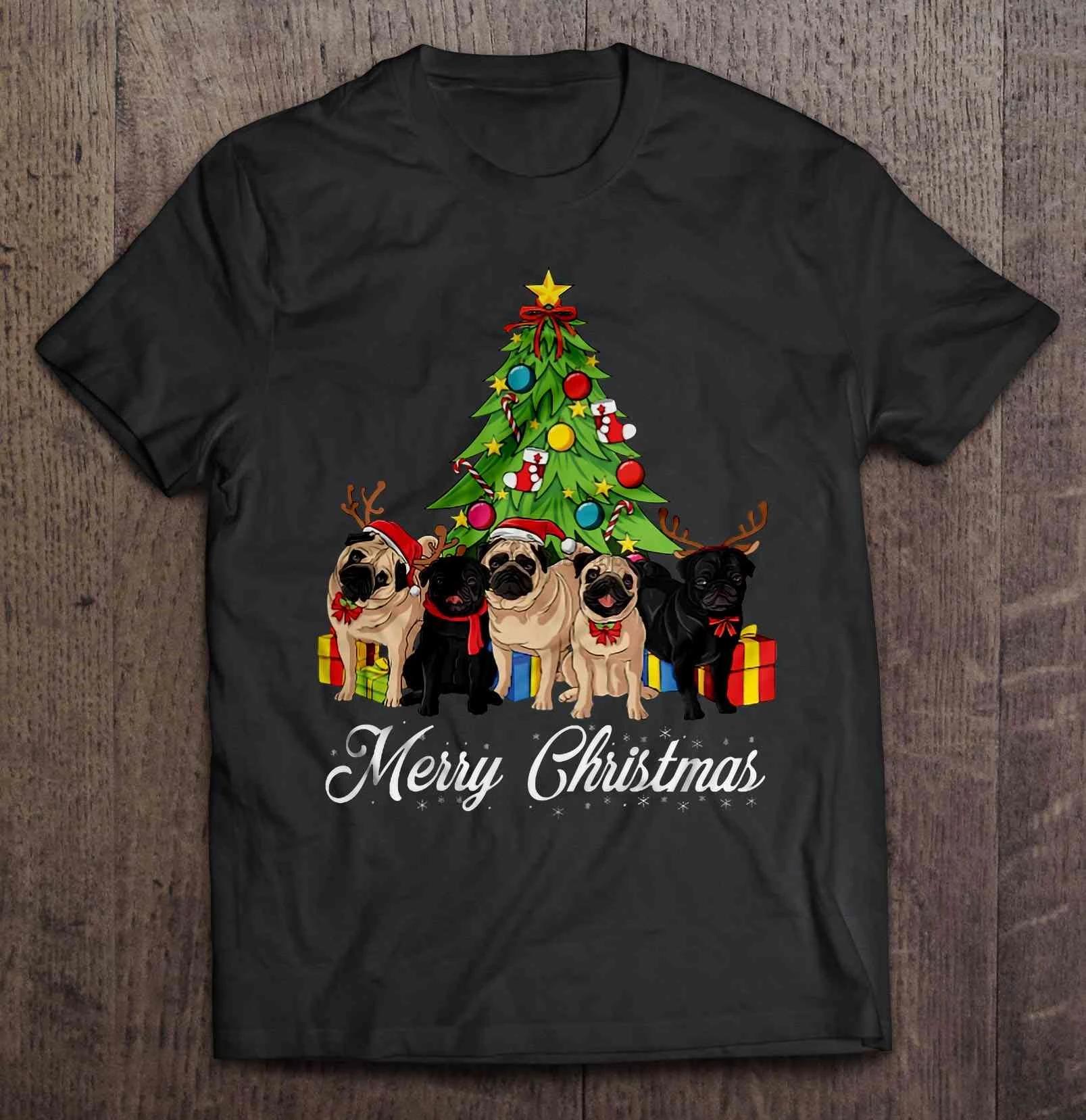 Funny Merry Christmas Reindeer Pug Dog Christmas Tree TShirt 100 Cotton ONeck Short Sleeve Casual Mens Tshirt Size S3XL S