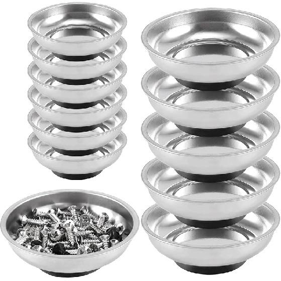 FUNSUEI 12 Packs 6 Inch And 3 Inch Magnetic Tray Set, Stainless Steel Magnetic Bowl, Round Magnetic Parts Tray For P, Screws, Bolts, Nuts, Small