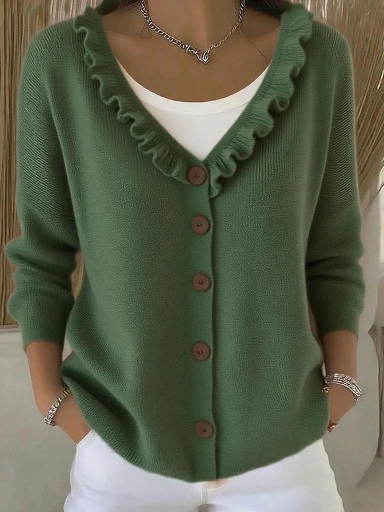 European Autumn/Winter Ribbed Knit V-Neck Cardigan Sweater for Women