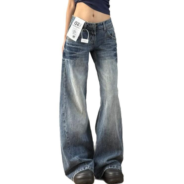 comfortable Large Size Crease Jeans Women Autumn Low Waisted Retro Loose Skinny Straight Dragged Wide Legged Trousers Jeans for Women Long Denim Pants