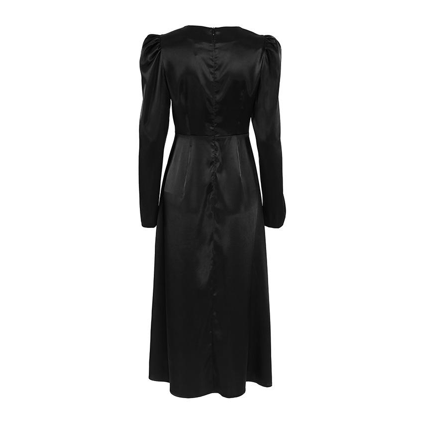 Autumn Black Fashion Thick Matte Satin Satin Crew Neck Bubble Sleeve Commuter Sexy Dress Women's Clothing