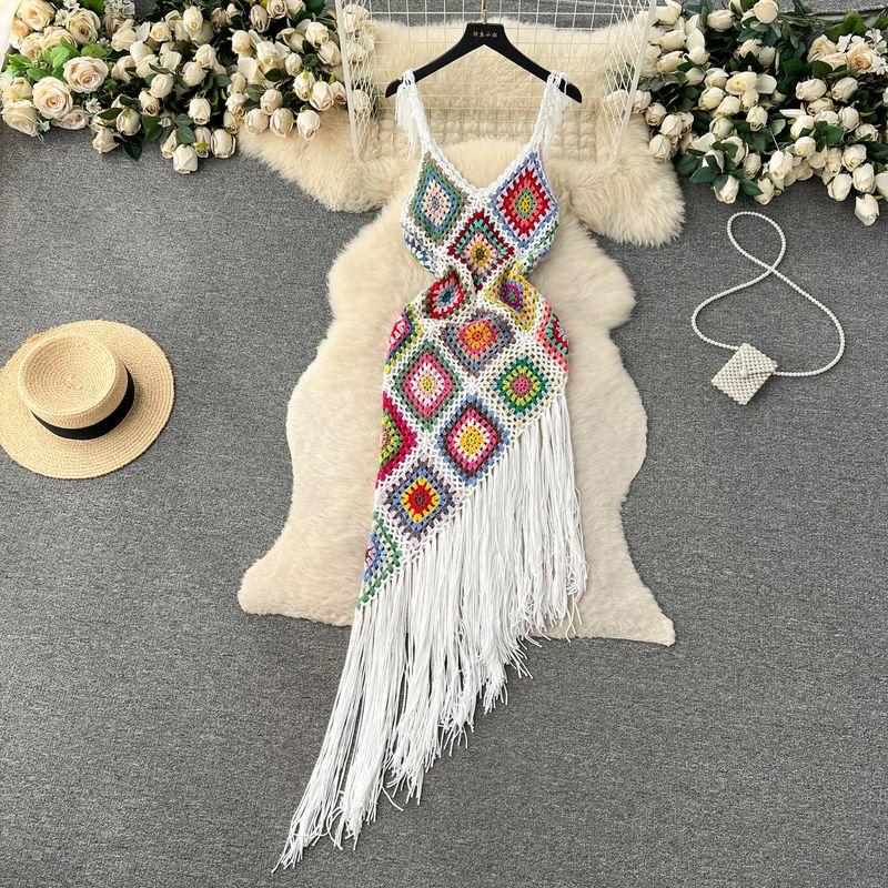 

Niche Style Asymmetrical Crochet Tassel Suspender Vacation Skirt White All yards