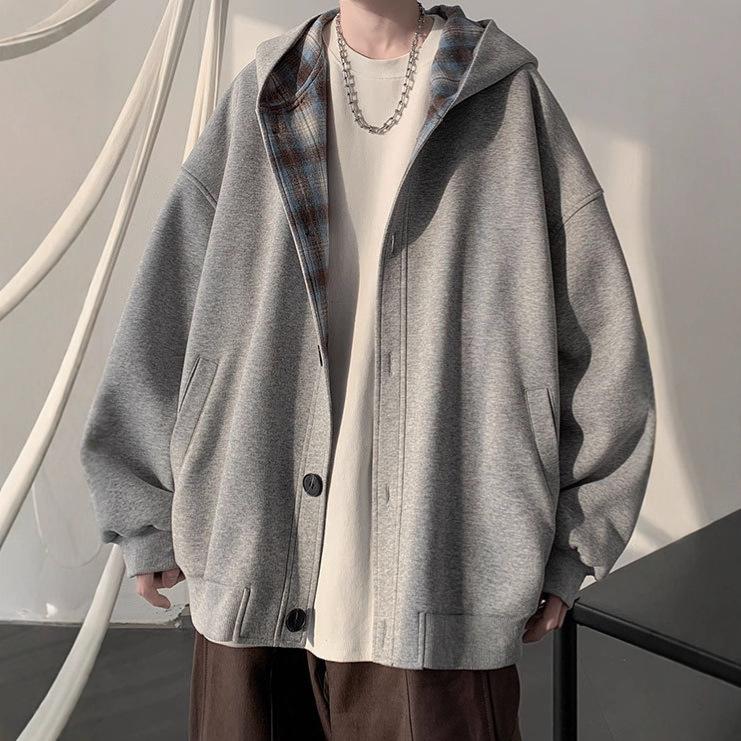 Plaid Cardigan Sweater Men's Heavy Hooded Loose Versatile College Jacket in Autumn and Winter