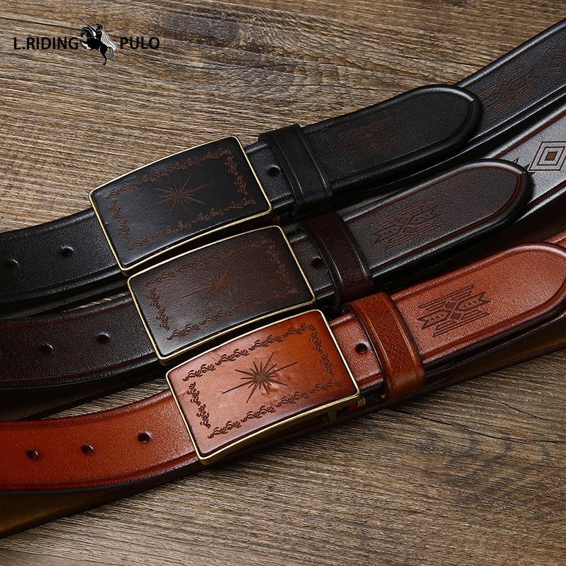 Retro Carved Pattern Trendy Handmade Smooth Buckle Belt Men's Buckle Genuine Leather Pure Cowhide Denim Belt