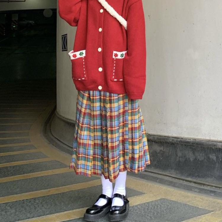 Christmas Rainbow Plaid Woolen Pleated Skirt Japanese High-waisted Slim Skirt Sweet Vintage Fashion Faldas Para Mujeres