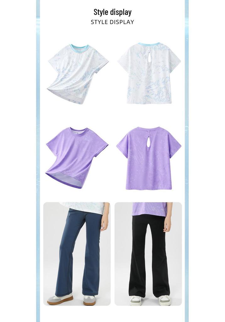 Girls' Summer Sports Set: High-Waisted Flared Pants & Kids' Sun Protection Short Sleeve Yoga Outfit