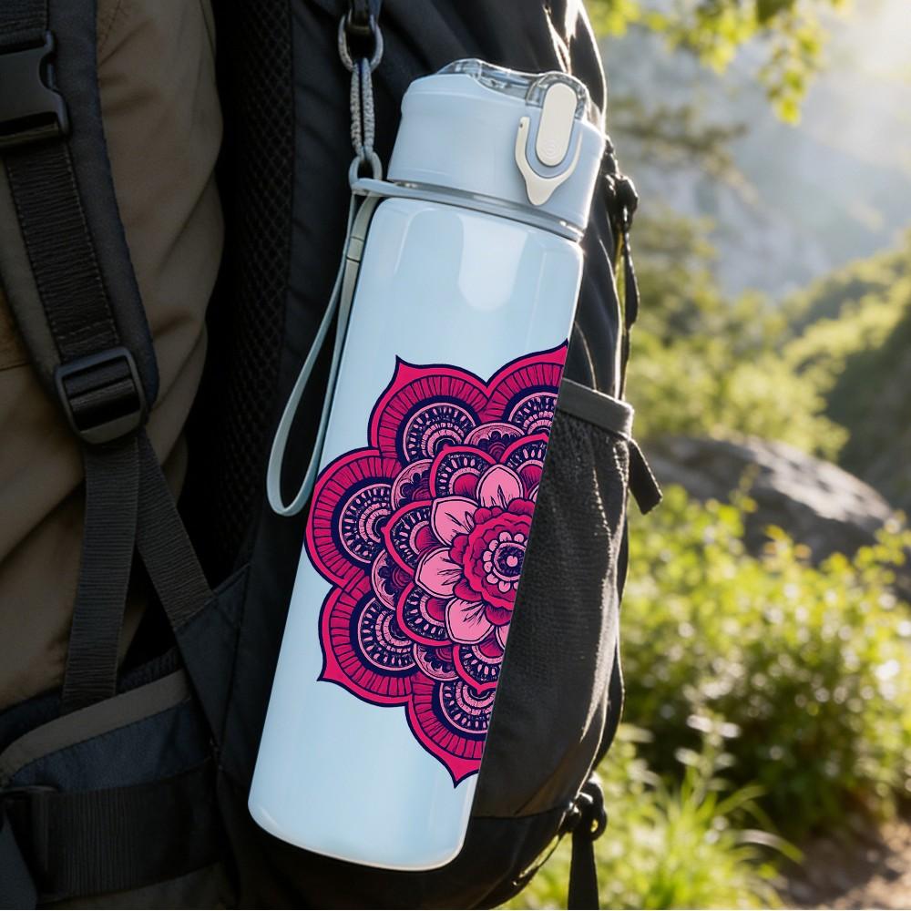 1PC Purple Mandala Flower Art 750ml Color Plastic Sports Water Bottle Leakproof Flip Straw Lid Suitable for Sports Office Home Use