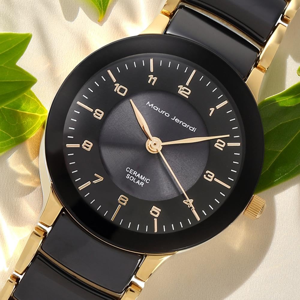 Mauro Jerardi Ladies Solar Ceramic Wristwatch MJ044-1 Water-Resistant 3 ATM Black Black Ceramic Gold