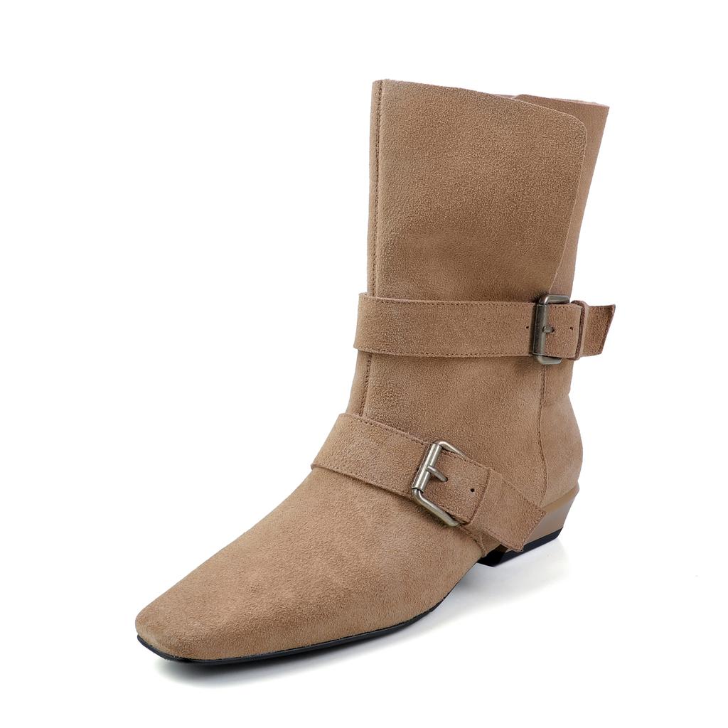 Fashion 2025 New Retro Women Cow Suede Calf Boots Western Boots Autumn Winter Square Toe Buckle Decoration Thick Heels Boots Women