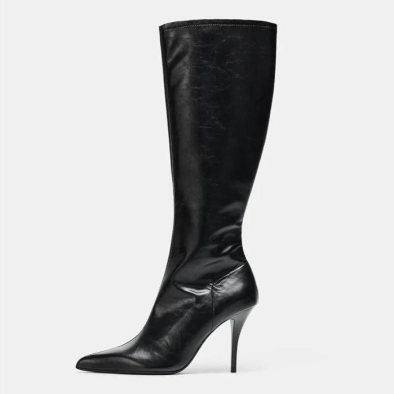 2026 Winter Neu Schwarz Weiches Leder Kniehohe Stiefel Damen Sexy Spitze Seitlicher Reißverschluss Stiletto Lange Stiefel Mode Nähen Designer Stiefel