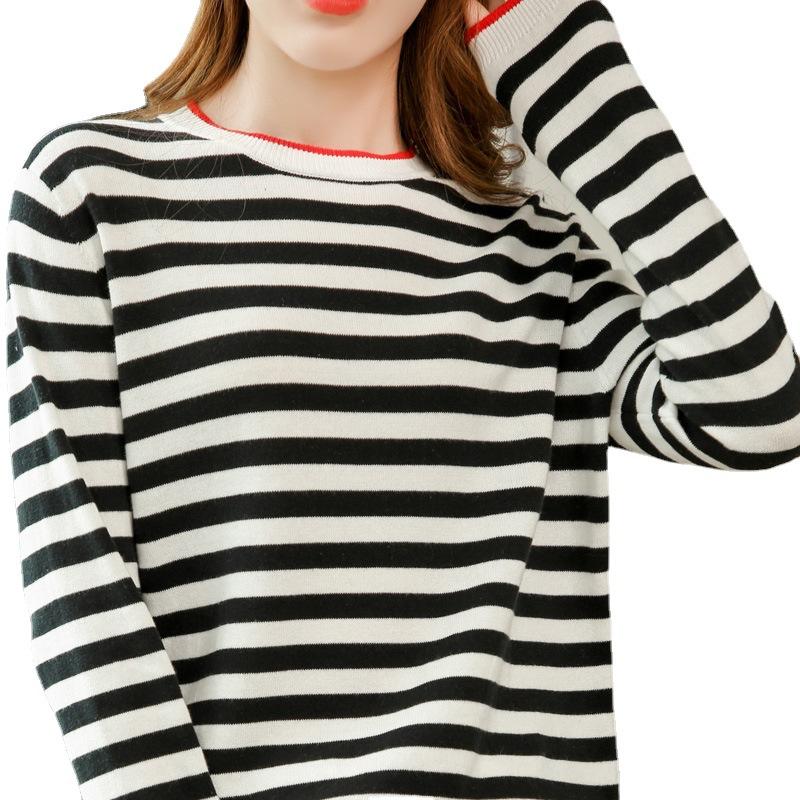 Combed Cotton Thread Round Neck Striped Sweater for Women In Spring and Autumn Cotton Thread Long-sleeved T-shirt Sea Soul Top Comfortable Fit Base