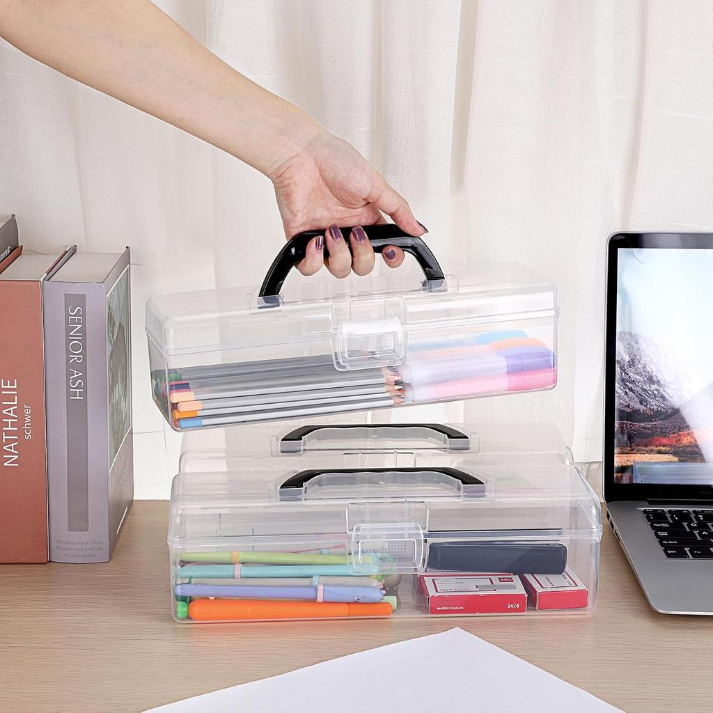 BTSKY 3 Pack Long Plastic Pencil Box Portable Clear Home Utility Boxes with Black Handle Stationery Storage Organizer Painting Tool Storage Container
