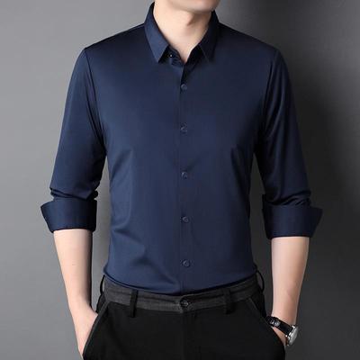 Men's Seamless Long Sleeve Stretch Shirt - Solid Color, Iron-Free, Turn-Down Collar, Ideal for Business Wear In Spring and Autumn.
