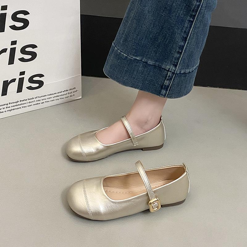 Inner heightening small fragrant style flat-soled single shoes women's retro imitation leather one-word buckle with round head French shallow mouth