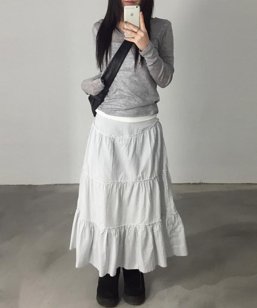 Chix Check Tiered Long Skirt Sky Blue