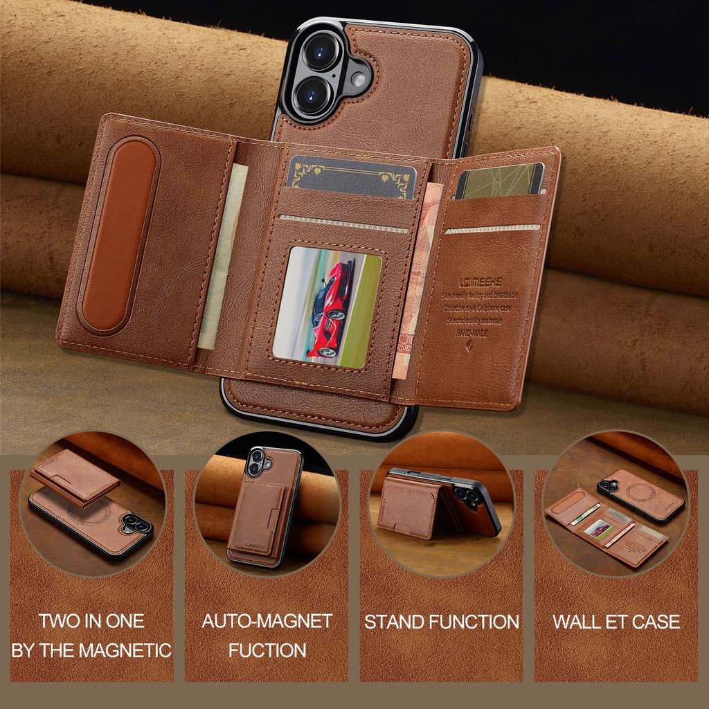 For iPhone 16 Plus Magnetic Phone Case Leather Back Cover with Detachable Card Holder