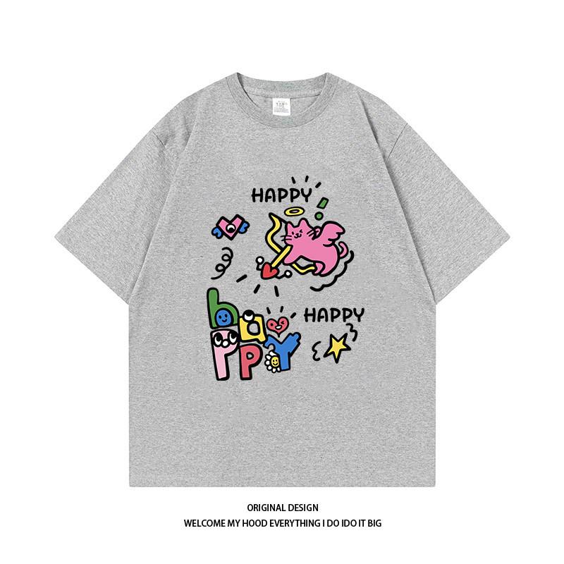 Pure Cotton Cartoon Angel Kitten Printed ShortSleeved TShirt Loose And Versatile Casual Couples Same Style Top