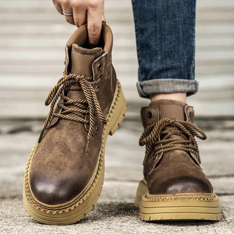 Martin Boots Men's Autumn British Retro Leather Heightening Locomotive Leather Boots Sports Big Head High Top Boots Velvet